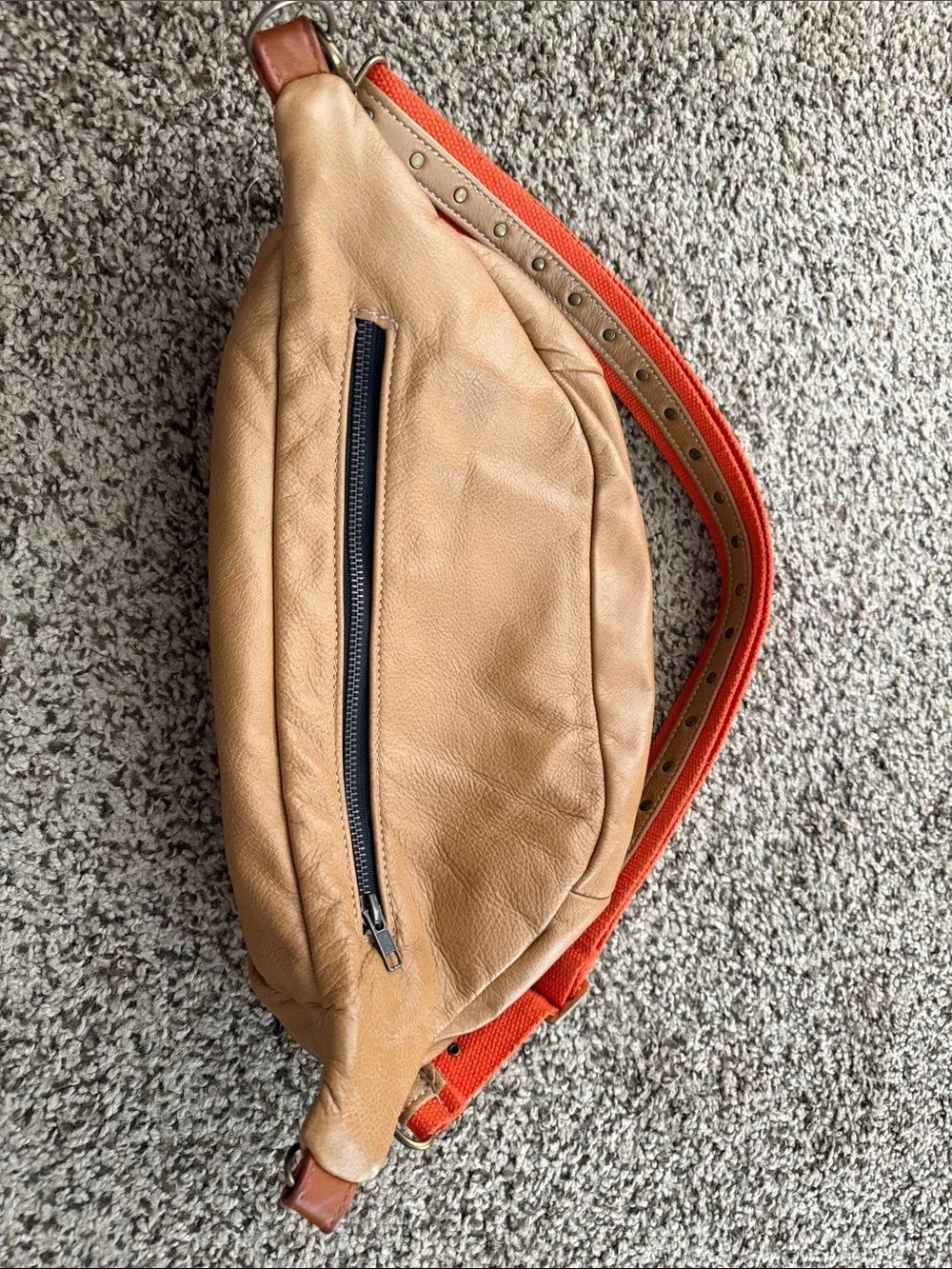 Tan Leather Crossbody with Blue Croc-Effect Panel and Orange Strap - Picture 2 of 4